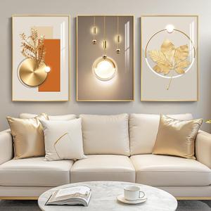 Framed Modern Luxury Gold Wall Art for Living Room, Set of 3 Piece Contemporary Paintings Artwork for Walls, Golden Prints Pictures with Gold Frame, Wall Decor for Home Office - Total 30" x 60"