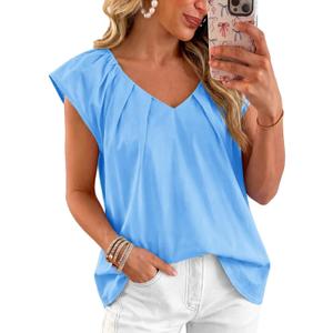 Tankaneo Womens Cap Ruffle Sleeve Tops V Neck Pleated Cotton Blouses | Loose Fit, Summer Dressy Casual, Cotton Shirts