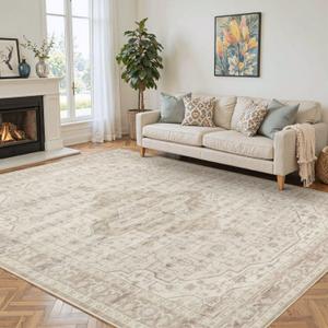 6x9 Washable Area Rug for Living Room, Vintage Neutral Large Boho Rugs for Office, Dining Room, Kids Room, Farmhouse, Durable Low Pile Non Slip Carpet for High Traffic Areas, Cream
