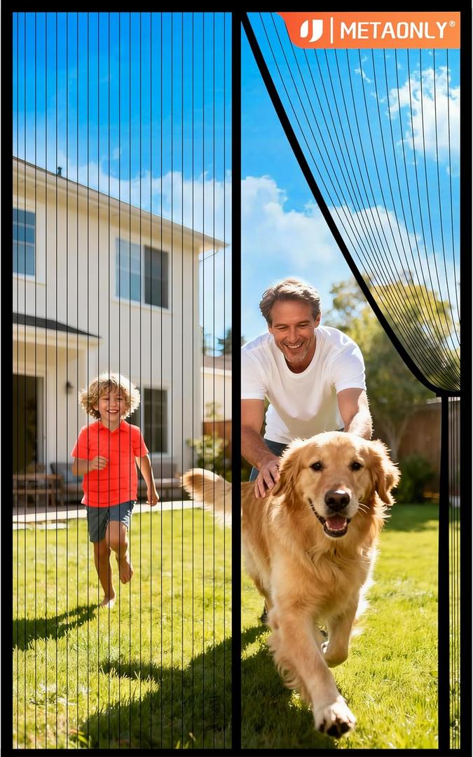 METAONLY Magnetic Screen Door Mesh Fits 30" x 80" Door - Curtain Size 32" x 82", Works for Patio, Sliding Door, Keeps Bug Mosquito Out, Fresh Air Flow, Black with Stay-Open Straps
