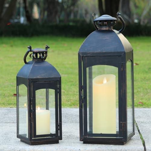 NEEDOMO Lanterns Decorative Indoor&Outdoor, 20''/16''H Set of 2 Outdoor Lanterns for Porch,Metal Frame Candle Holders Hanging Lights with Glass, Spring, Fall, Christmas
