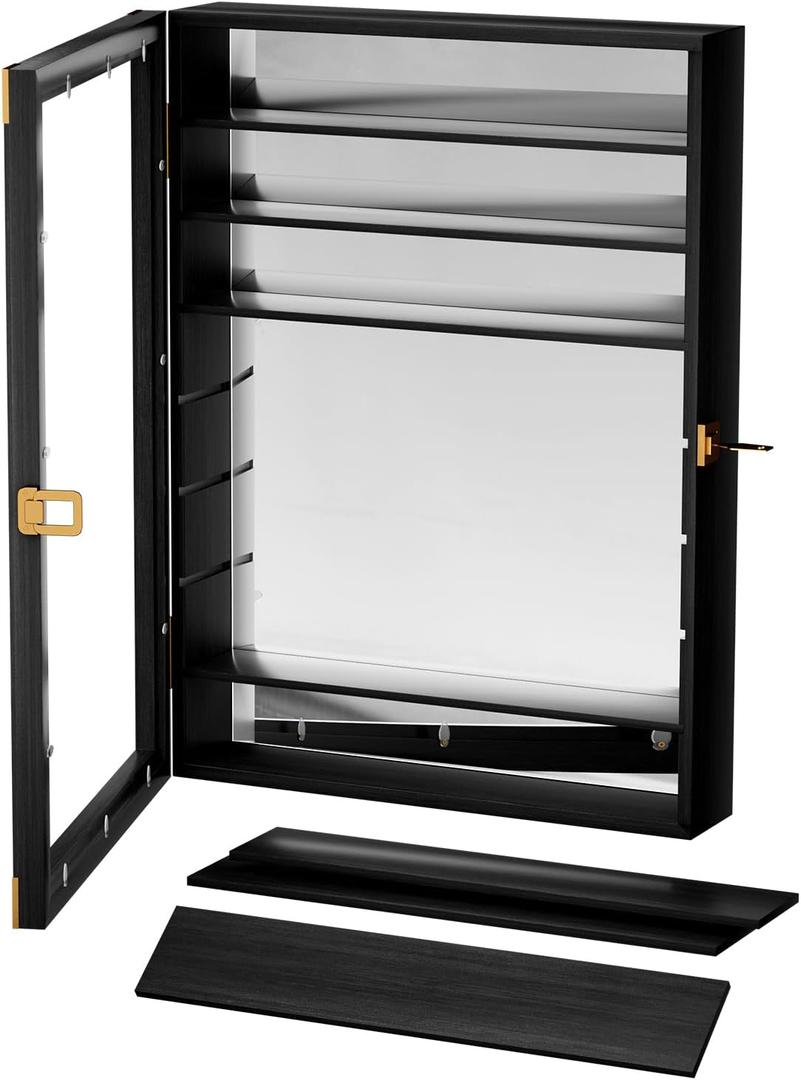 18x25 Inch Shot Glass Display Case with Removable Shelves, Wood Liquor and Shot Glass Display Cabinet with Bult-in Mirror Wall Mounted Storage Shelf Shadow Box with Lockable Acrylic Door