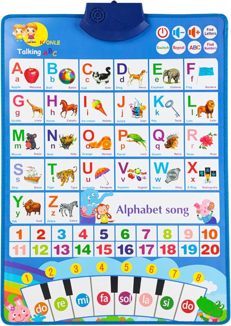 Educational Talking Toy Spanish English Wall Chart Piano Music Poster Numbers 1-20 Kids Montessori Toys Interactive Educational Toy Learning Gift for Toddlers 2-4