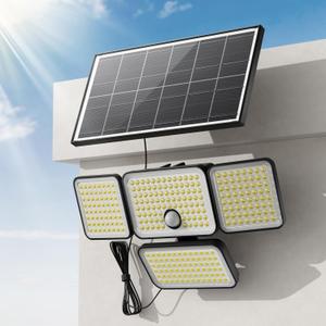 JACKYLED Solar Lights Outdoor, 4000mAh Security Lights with Larger Solar Panel & 16.4FT Cable, 4-Head Motion Sensor Lights with Remote Control, IP65 Waterproof 270 Wide Flood Wall Lights (1 Pack) (Black)