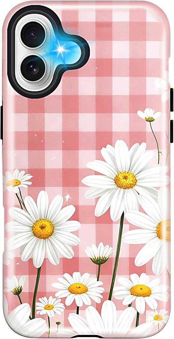 Girls Cute Case for iPhone 16, Large Daisy Women Phone Cases | Dual-Layer Shockproof Protection