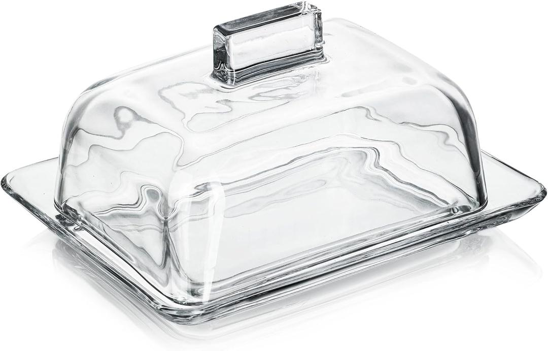 QFkris Clear Glass Butter Dish with Cover for Countertop, 7" Large Square Crystal Butter Dish with Lid and Wide Handle for Fridge Kitchen