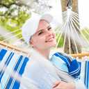 SUNCREAT Portable Hammock with Carrying Bag, 2 Person Hammock with Curved Spreader Bar, Blue Stripes