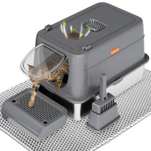 Citylife Stainless Steel Cat Litter Box with Lid,XL Extra Large Enclosed Removable Metal Litter Box with Litter Scoop&Double Layer Litter Mat,Non-Sticky，Non-Odor,Easy Cleaning, for Big Cats Dark Grey