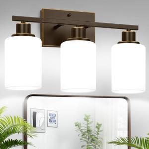 3-Light Bathroom Light Fixtures, Vanity Light with Milky White Shades, Oil-Rubbed Bronze Bathroom Light Fixtures Over Mirror, Modern Bathroom Wall Lamp for Mirror Living Room Cabinet Bedroom (Brown and Gold)