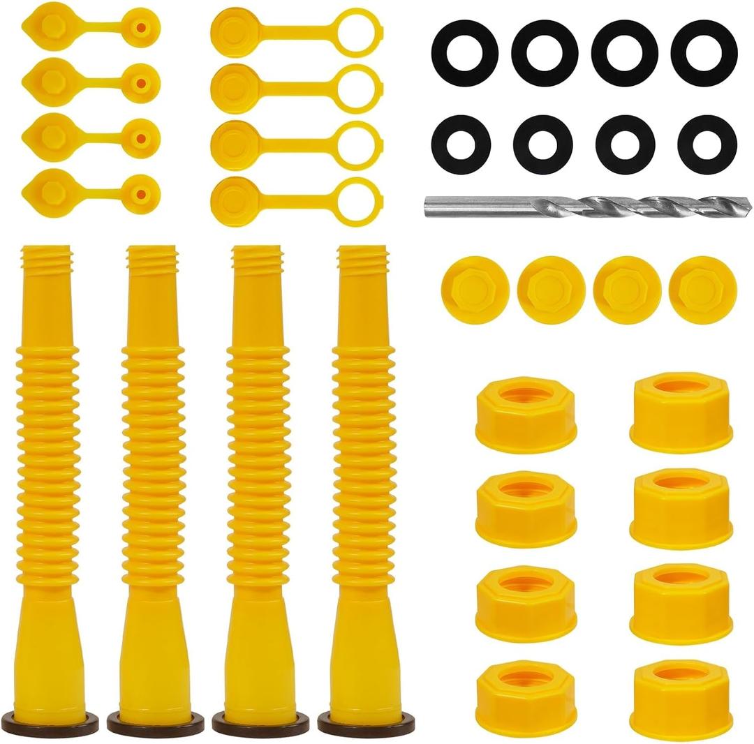 33 Pcs Gas Can Spout Replacement Kit,Gas Can Spout Replacement Fits 5 Gallon Gasoline Cans,with Flexible Nozzles,Screw Collar Gas Caps for Fuel Transfer Tanks (Yellow -4 Kit)