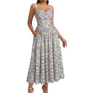 KUTUMAI Women Summer Corset Midi Dress Floral Lace Smocked Flowy A Line Wedding Guest Bridal Shower Dresses with Pockets (Medium)