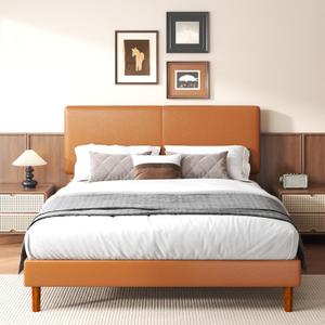 Queen Upholstered Platform Bed Frame with Headboard, Faux Leather Modern Bed Frame with Wood Slat Support, No Box Spring Needed, Easy Assembly, Orange-Brown