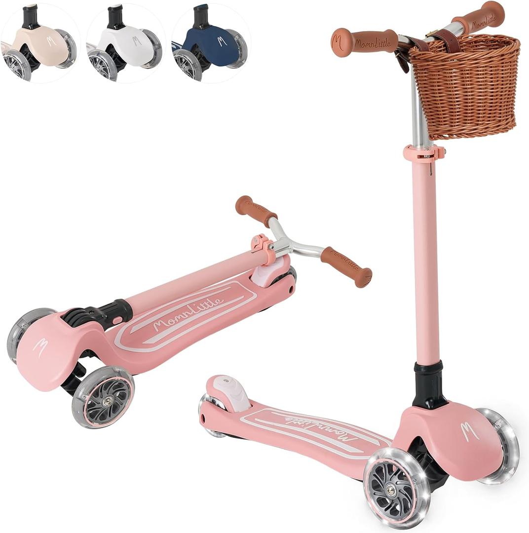 MomnLittle Kick Scooter for Kids Ages 3-10 (Beige/Pink/Navy/White) 3 Wheeled with LED Light-Up Wheels CPSC Certified Foldable and 4 Height Adjustable Toddler Scooters for Boys Girls