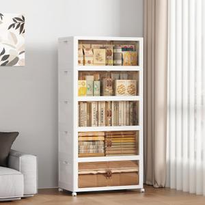 SAILUN 275QT/69Gal Stackable Storage Bins with Lid, Collapsible Storage Bins with Doors and Wheels, Folding Plastic Cabinet Containers for Home Closet Organization, 5 Pack, White