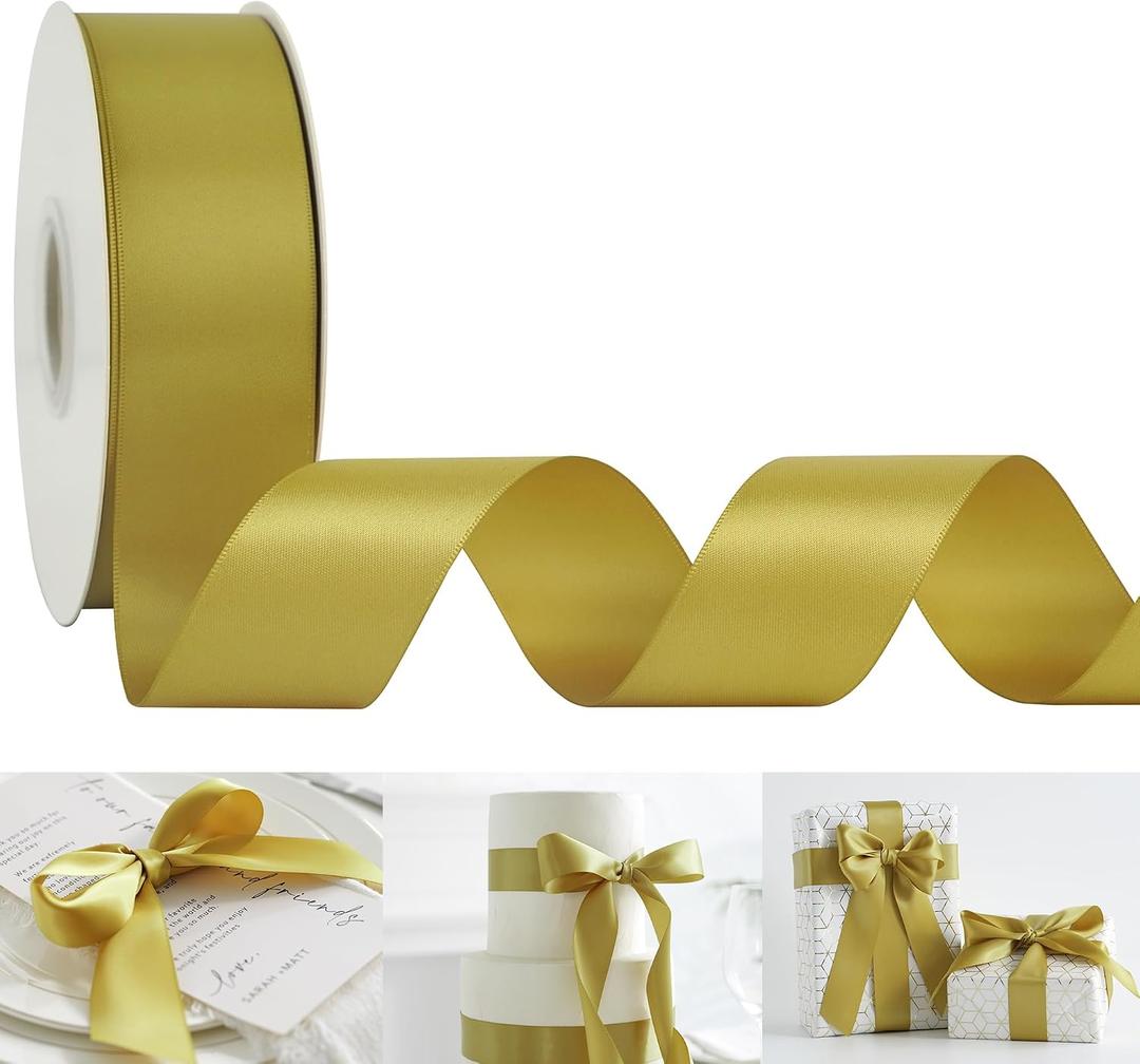 HUIHUANG Gold Satin Ribbon 1-1/2 inch x 50 Yards Dijon Gold Double-Faced Satin Ribbon for Gift Wrapping, Bows, Flower Bouquet, Crafts, Bridal Shower Wedding Decor, Christmas Tree