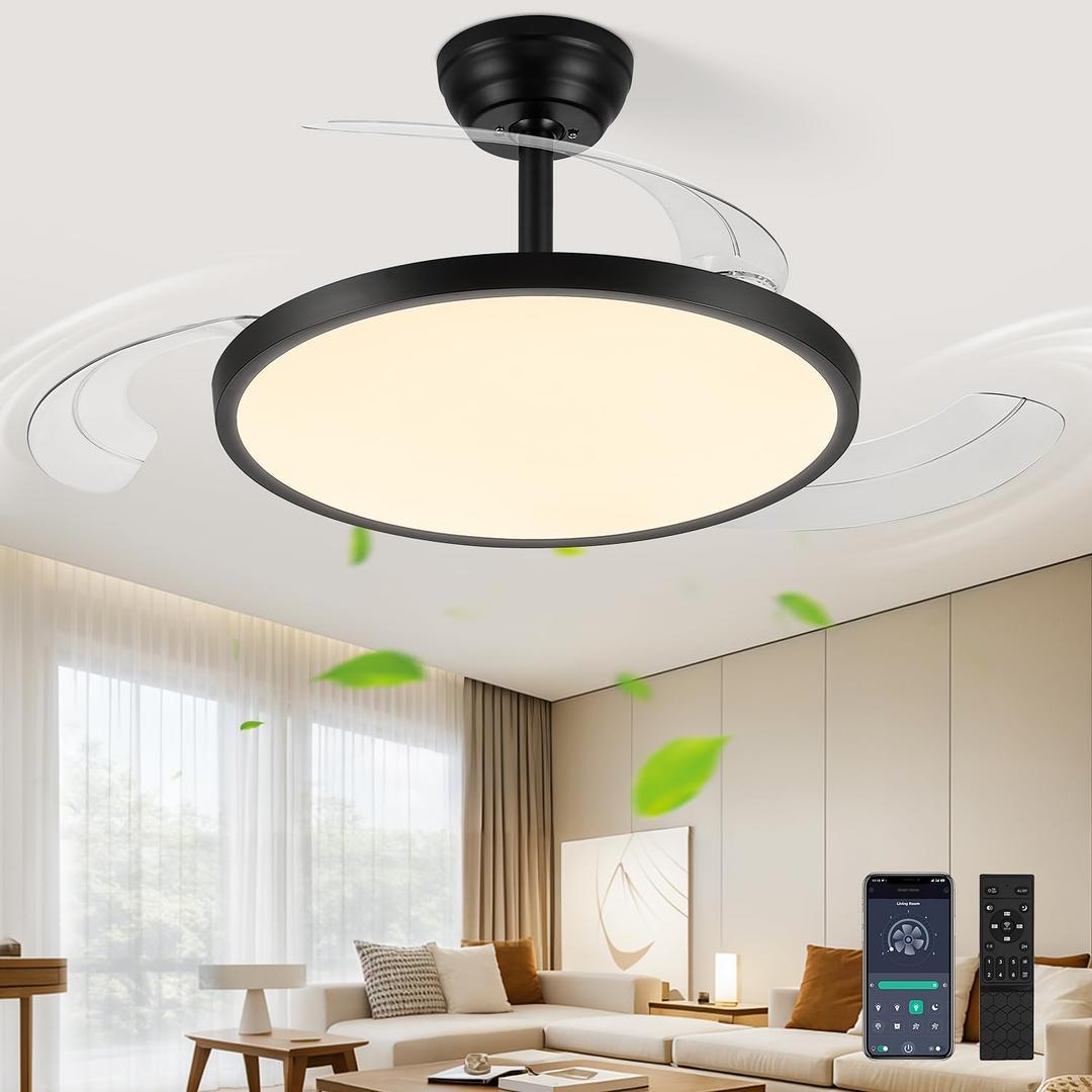 48" Retractable Ceiling Fan with Lights, Slim Fandelier Ceiling Fans with Lights and Remote, Dimmable 6 Speed Silent Modern Ceiling Fan with Light for Bedroom Living Room Kitchen-Black