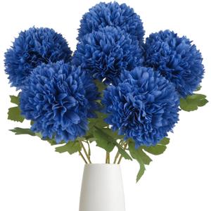 IPOPU 6PCS Navy Blue Artificial Chrysanthemums Flowers 21.6'' Large Faux Mums Bouquet Long Stem Fake Silk Flowers for Wedding Home Kitchen Party Garden Indoor Decoration(Navy Blue)