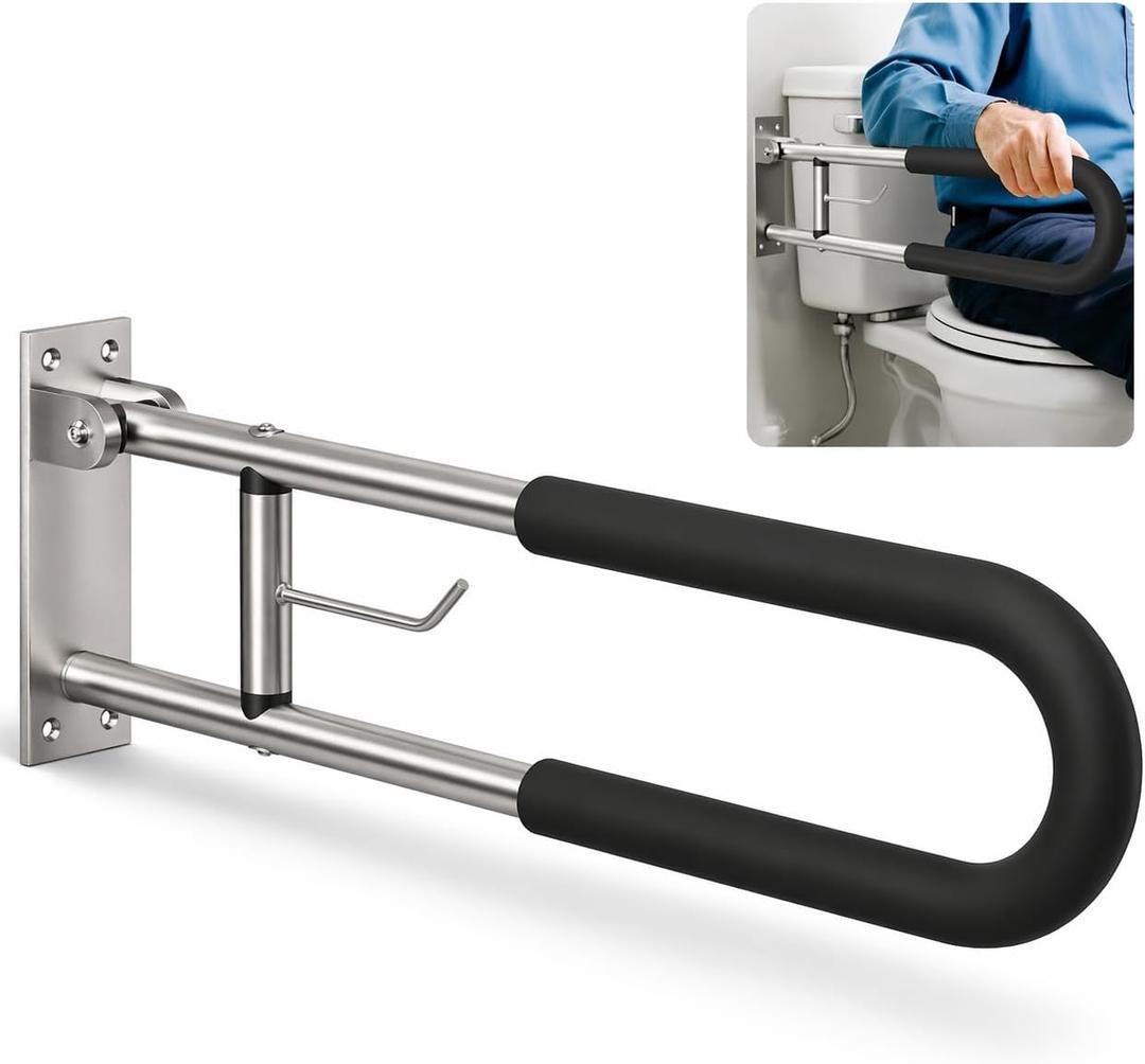 Foldable Toilet Grab Bar, 23.6 Inch Wall Mounted Flip-Up Safety Rail, 2mm Thick Heavy-Duty Rust-Resistant Aluminum Bathroom Support Bar for Elderly, Disabled, Handicap Grab Bars