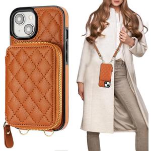 Bocasal Crossbody Wallet Case for iPhone 15, RFID Blocking PU Leather Zipper Handbag Purse Flip Cover, Kickstand Folio Case with Card Slots Holder Wrist Strap Lanyard 5G 6.1 Inch (Brown)