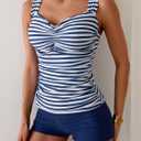 B2prity Women's Tankini Swimsuit Tummy Control Ruched Two Piece Bathing Suit Push Up Modest Swim Suits with Shorts (Blue, M)