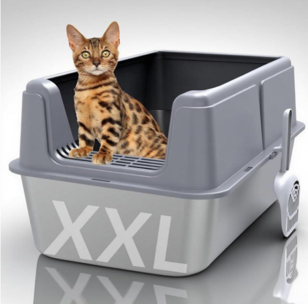 Stainless Steel Litter Box with Lid,14 XXL Litter Metal Litter Box with High Sided, Anti-Urine Leakage, Easy Cleaning & Odor-Less, Include Scoop