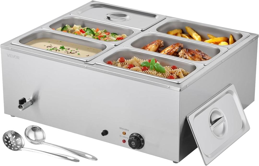 VEVOR Commercial Food Warmer, 1500W Electric Stainless Steel Steam Food Warmer with Lid, 6-Pan Fast Heating Countertop Buffet Bain Marie with Soup & Perforated Ladles, for Catering, Restaurant, Party