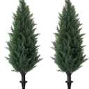 3FT Artificial Cedar Topiary Trees with Ground Spike, UV Resistant Artificial Bushes, Set of 2 Faux Cypress Plants Faux Shrubs for Outdoor Indoor Front Porch Garden (Dark Green)