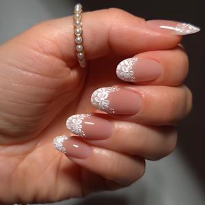 4 x Hand Painted Press on Nails Almond Flower Cute Fake Nail Art for Women 03