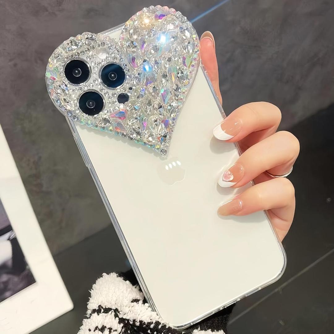 Compatible with iPhone 16 Pro Max case for Women Girls Luxury Bling Rhinestone 3D Diamond Love Case Cute Pink Glitter Sparkle Protective Case Cover