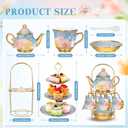 21 Pcs Ceramic Teapot Set Vintage Porcelain Tea Cups with Metal Holder and High Tier Cupcake Stand Saucers for Women Girls Farmhouse European Weddings Party Decor Gifts (Blue,Vivid)