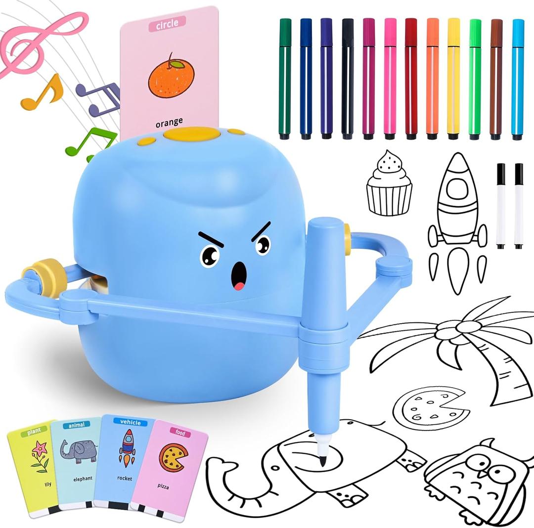 Drawing Robot for Kids, Interactive Educational Drawing Robot, Kids Robot Toys with 100 Word Cards, 12 Color Pens & Voice Interaction, Drawing Machine Present for Girls and Boys Age 5+, Blue