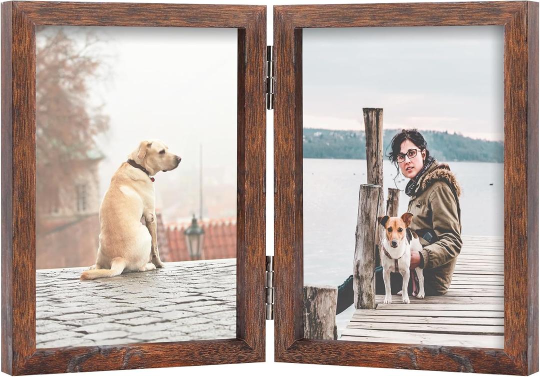 FOREV 3.5x5 Double Picture Frame Wooden Hinged Photo Frame Definition Glass Stand Vertically on Desktop or Tabletop Rustic Wood