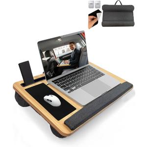 Lap Desk - Laptop Tray for Bed, Lapdesk with Cushion for Couch Sofa Fits up to 17.3 Laptop, Lap Table with Portable Handle,Self-Adhesive Mousepad with Foldable Metal Device Stand(Light Brown)