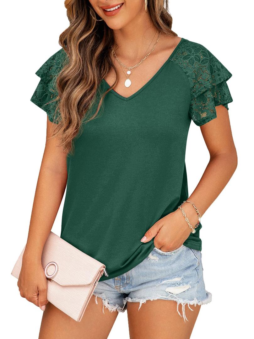 FREEOAK Summer Tops Double Lace Sleeve Shirts for Women V Neck Loose Casual Tee Tunics Dark Green M (M)