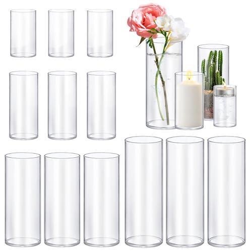 12 Pack Glass Cylinder Vases 4,6,8,10 Inch Tall Clear Flower Vase Hurricane Floating Candle Holder for Table Centerpiece Wedding Home Decor.