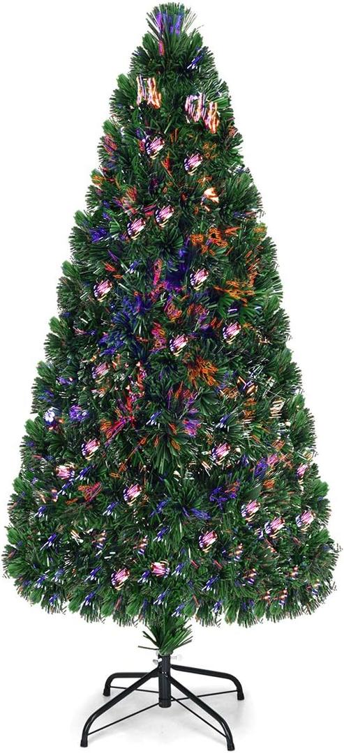 Goplus 6ft Fiber Optic Artificial Christmas Tree, Pre-Lit Christmas Tree with 220 Branch Tips, Colorful Lighting, Foldable Metal Base, Lighted Xmas Full Tree for Office, Home, Holiday Decor