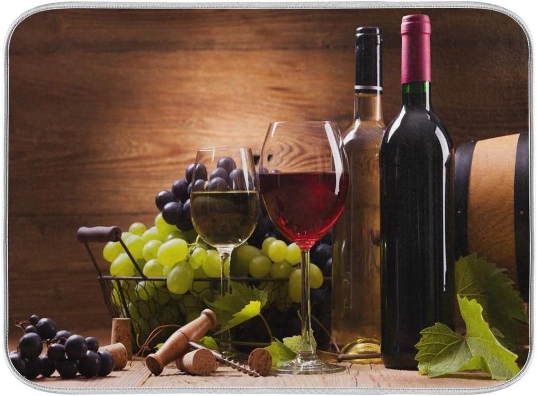 Red Wine Grape Floral Dish Drying Mat 16x18 for Kitchen Vintage Wooden Print Dishes Pad Dish Drainer Rack Mats Absorbent Fast Dry Elegant Kitchen Accessories