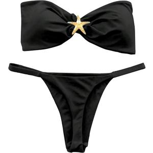 WDIRARA Women's 2 Piece Strapless Swimsuit Brazilian Thong Bikini Set Metal Starfish Bandeau Bathing Suit S