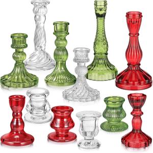 Mumufy 12 Pcs Christmas Glass Crystal Taper Candle Holders Clear Glass Candlestick Holder Fit 0.8 Inch Red Green Ribbed Taper Candlestick Holders Christmas Centerpiece Table Wedding Party (Classic Color)