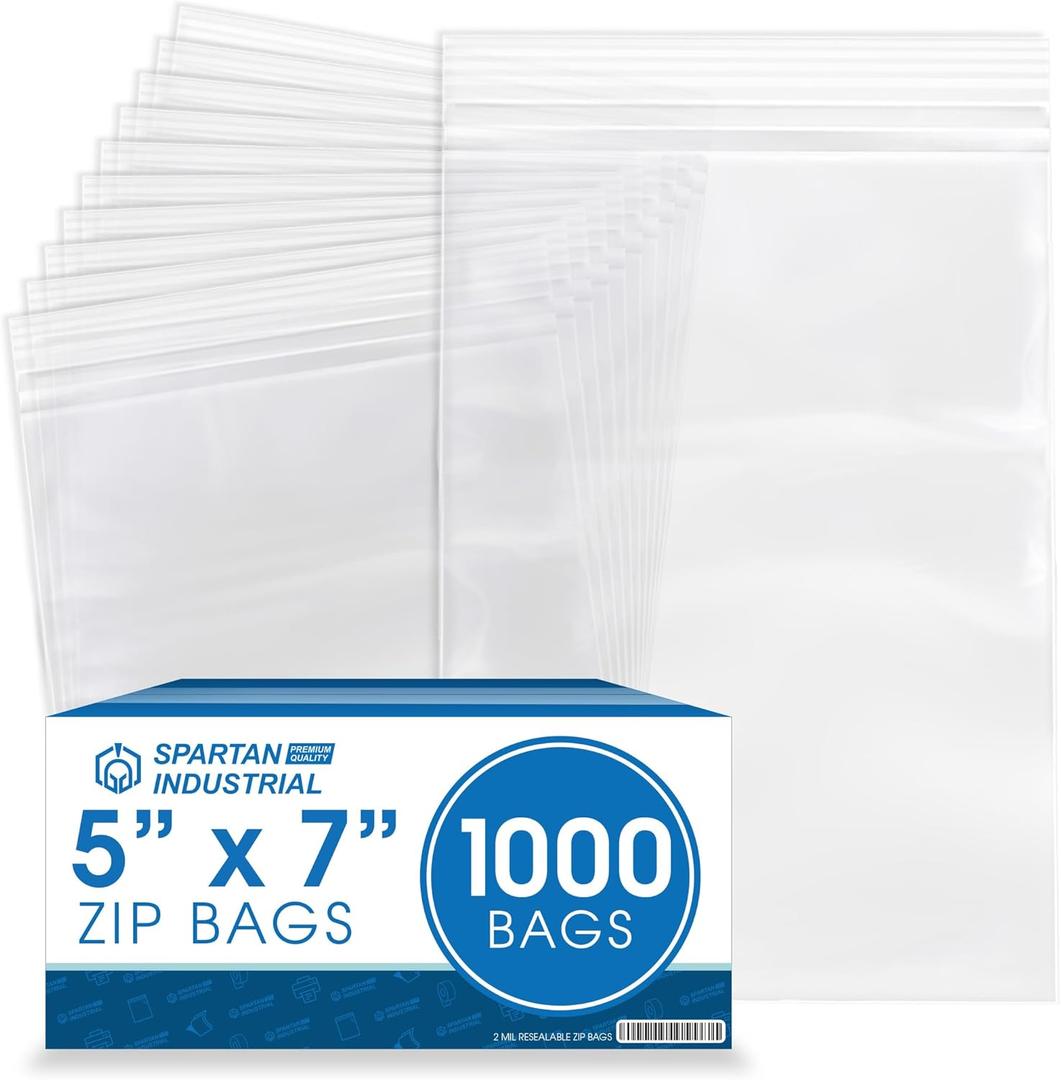 Spartan Industrial - 5 X 7 (1000 Count) 2 Mil Clear Reclosable Zip Plastic Poly Bags with Resealable Lock Seal Zipper