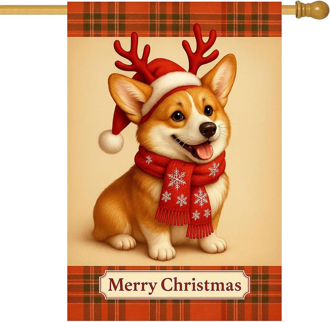 IVN Christmas Corgi Big Garden Flag 24x40 Inch Big Double Sided Dog Antler Scarf Plaid Outdoor Yard Flag for Home Front Door Lawn Porch Holiday Decor