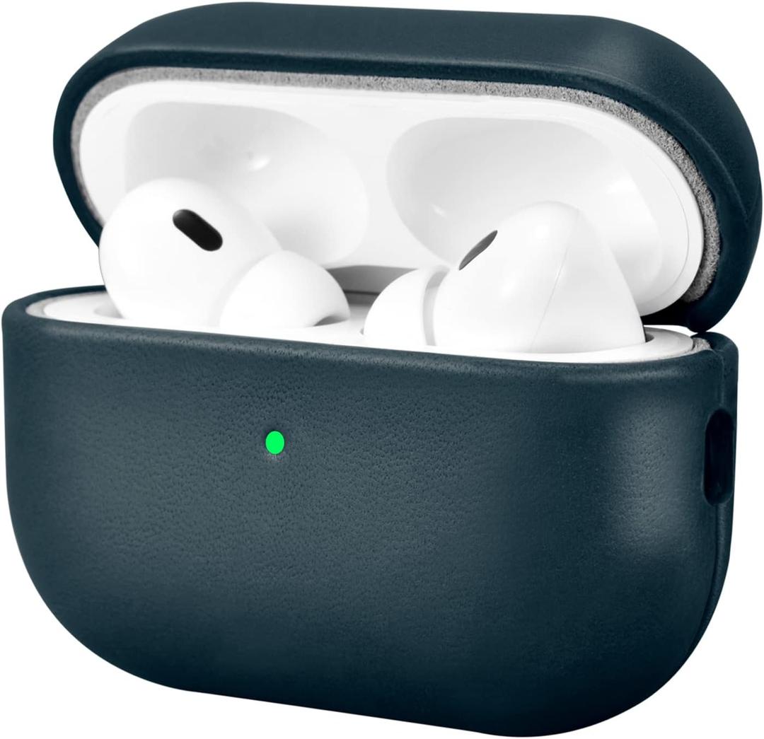 ICARERFAMILY Leather Case for AirPods Pro 2 (2022), Genuine Leather Shockproof Protective Cover for AirPods Pro 2 Earphones Charging Case (LED Visible) Support Wireless Charger Blue (Standard)