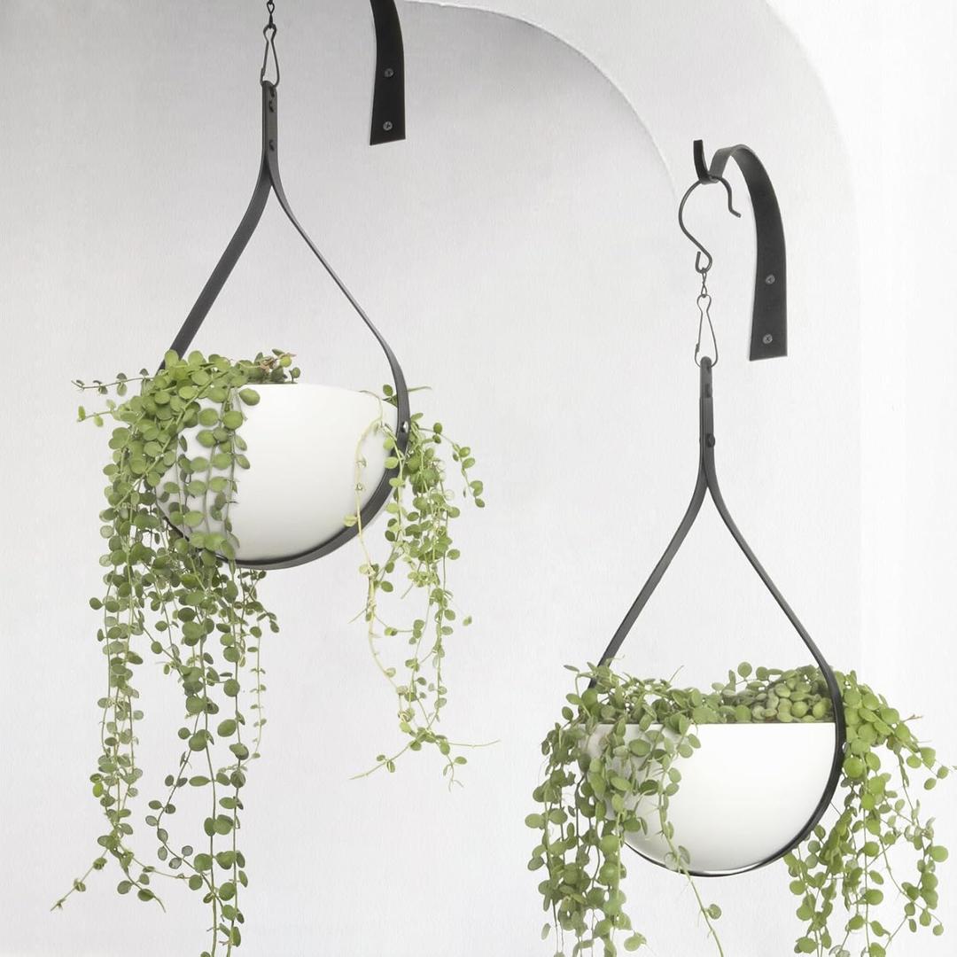 Hajia 2 Pack Waterdrop Shaped Hanging Planters, Black Iron Plant Hangers with Non-Detachable Pots, Modern Indoor/Outdoor Hanging Plant Holder