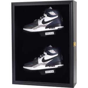 Memorabilia Shoe Display Case Wooden Frame Wall Mount Acrylic Clear Door Sneaker Cabinet Containers Storage Shelves Boxes 98% UV Protection LockableDouble Shoe-Black