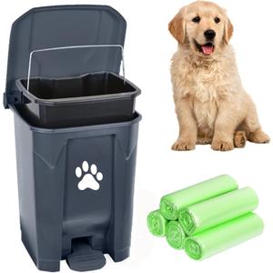 Dog Poop Trash Can for Outdoors, Dog Waste Trash Can for Yard Garden Home with Lid Removable Inner Bin, 100PCS Green Waste Bag, Grey Fully Assembled (15 L, Grey-Green Bag)