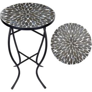 Vipush Outdoor Side Table Mosaic Accent Table End Table Plant Stand for Patio Garden Backyard Balcony Porch,14'' Round Mosaic Table Top with Black Iron,Grey