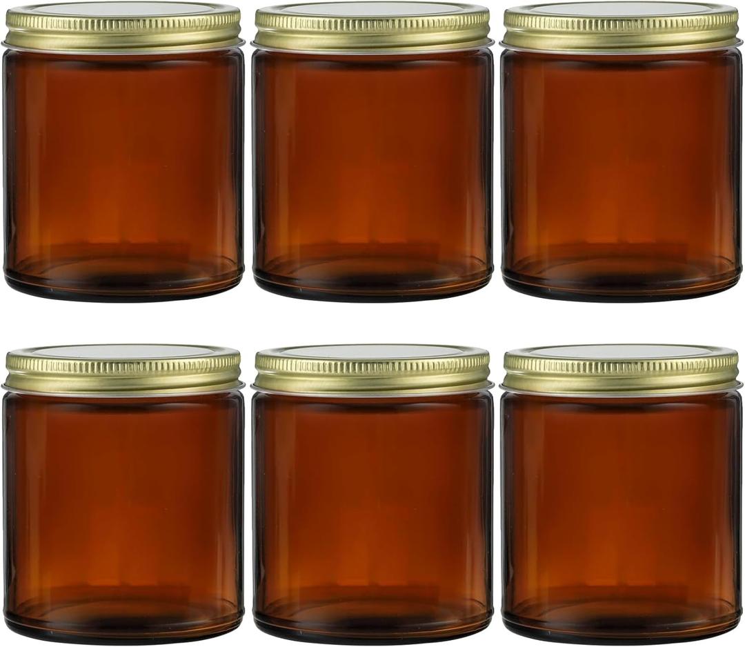 6 Pack 8Oz Glass Jars with Lids, Amber Glass Jars with Lids, Small Glass Jars for Canning, Food Storage, Spices, Liquids, Herbs, Homemade Cosmetics, Leak Proof & Dishwasher Safe Candles Jars