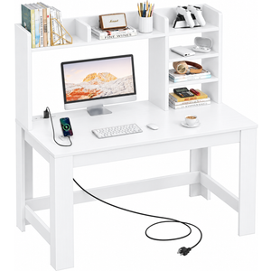 WINAZ 43" White Gaming Desk with Hutch and Built-in Power Outlet Modern Computer Desk with 3-Tier Storage Shelves and Hutch, Space-Saving Writing Table for Home Office