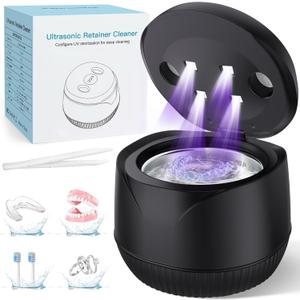 Dental Ultrasonic Retainer Cleaner Machine - Dental Cleaning Pod for Denture, Mouth Guard, Aligner, Night Guard, Braces, Toothbrush Heads, Jewelry, 45kHz Retainer Cleaner with Digital Timer & 200ML (Black)