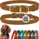 BronzeDog Rolled Leather Dog Collar with QR ID Tag, Adjustable Soft Round Collars for Small Medium Large Dogs Puppy (16" - 19" Neck Size, Light Brown)